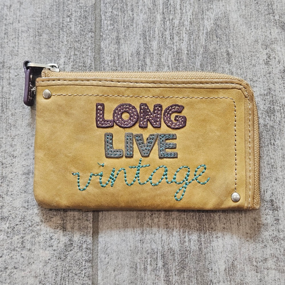 Fossil Long Live Vintage Coin Pouch ID Holder Yellow Leather Embroidered Retro